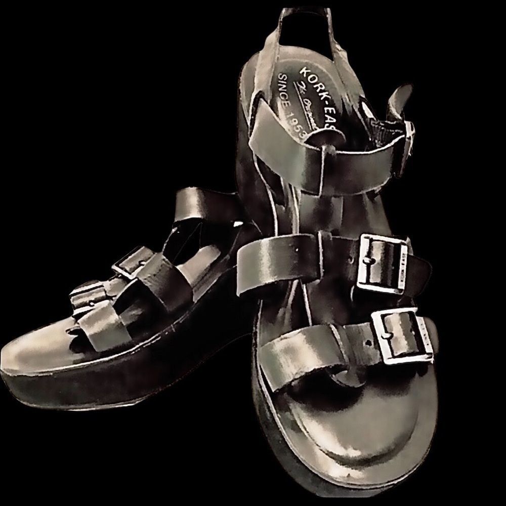 Kork Ease Sandals Black Leather Platform Buckle Size 9 Y